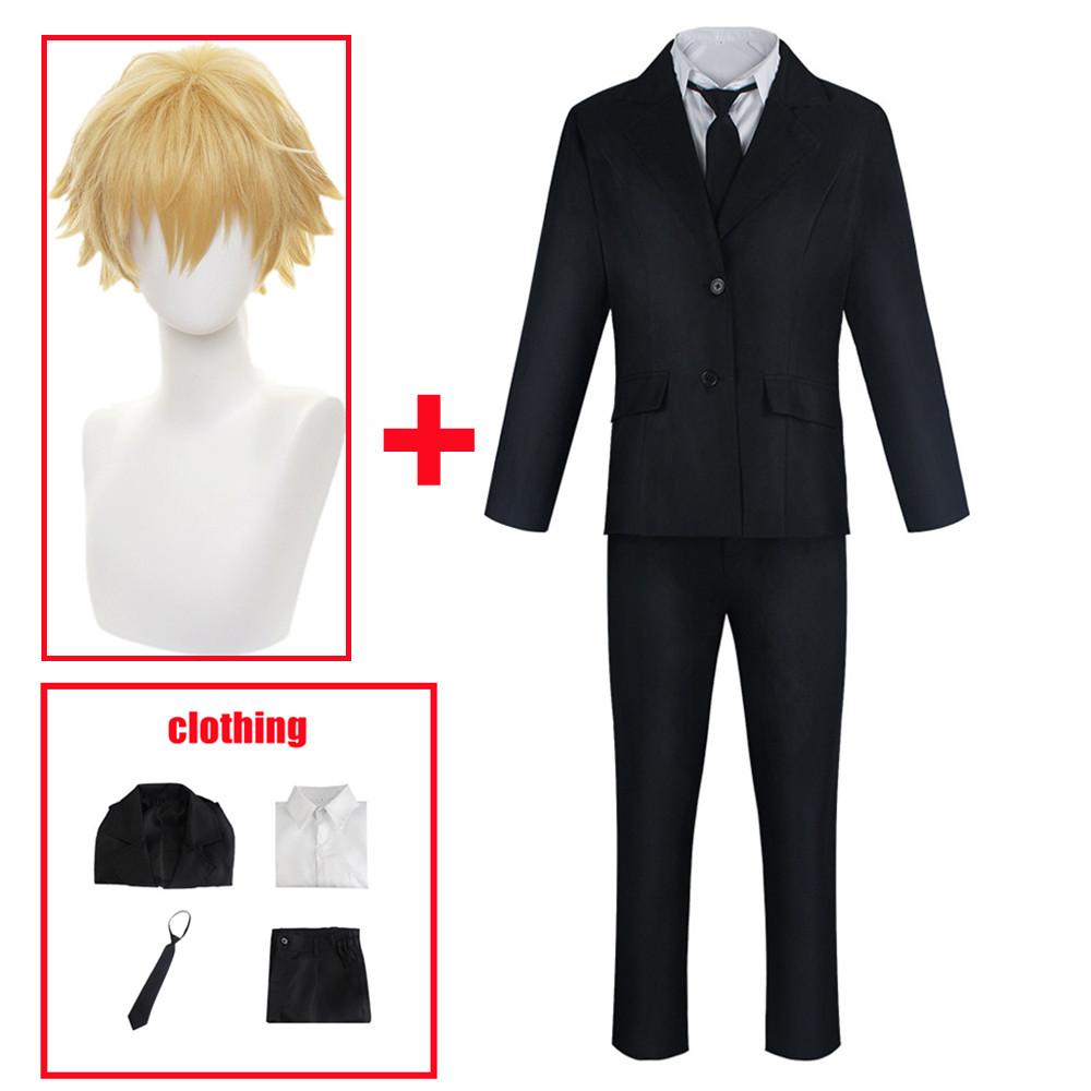 Anime Chainsaw Man Denji Cosplay Kostüm Schwarze Anzüge Lässige Uniform Teufel Hunter Halloween Karneval Party Kleidung L-(Suit+Wig) schwarz