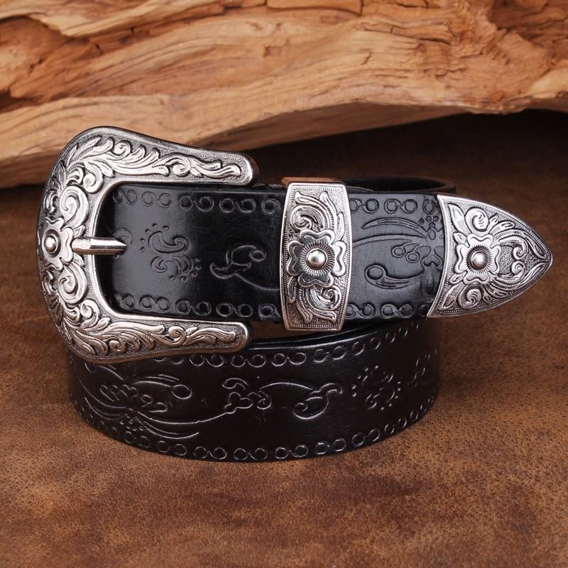 Hochwertiger Court-Style Geprägter Western Cowboy Stahl Schnalle Gürtel Echtes Leder Designer Herren Gürtel Punk Jeans Gürtel für Männer 110cm schwarz
