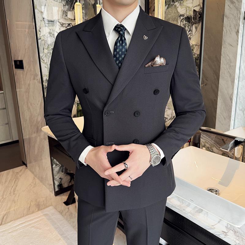 Herren Langarm Schleifenhals Zweireiher Anzug, High-End Business Casual einfarbiger Anzug XXXXL grau