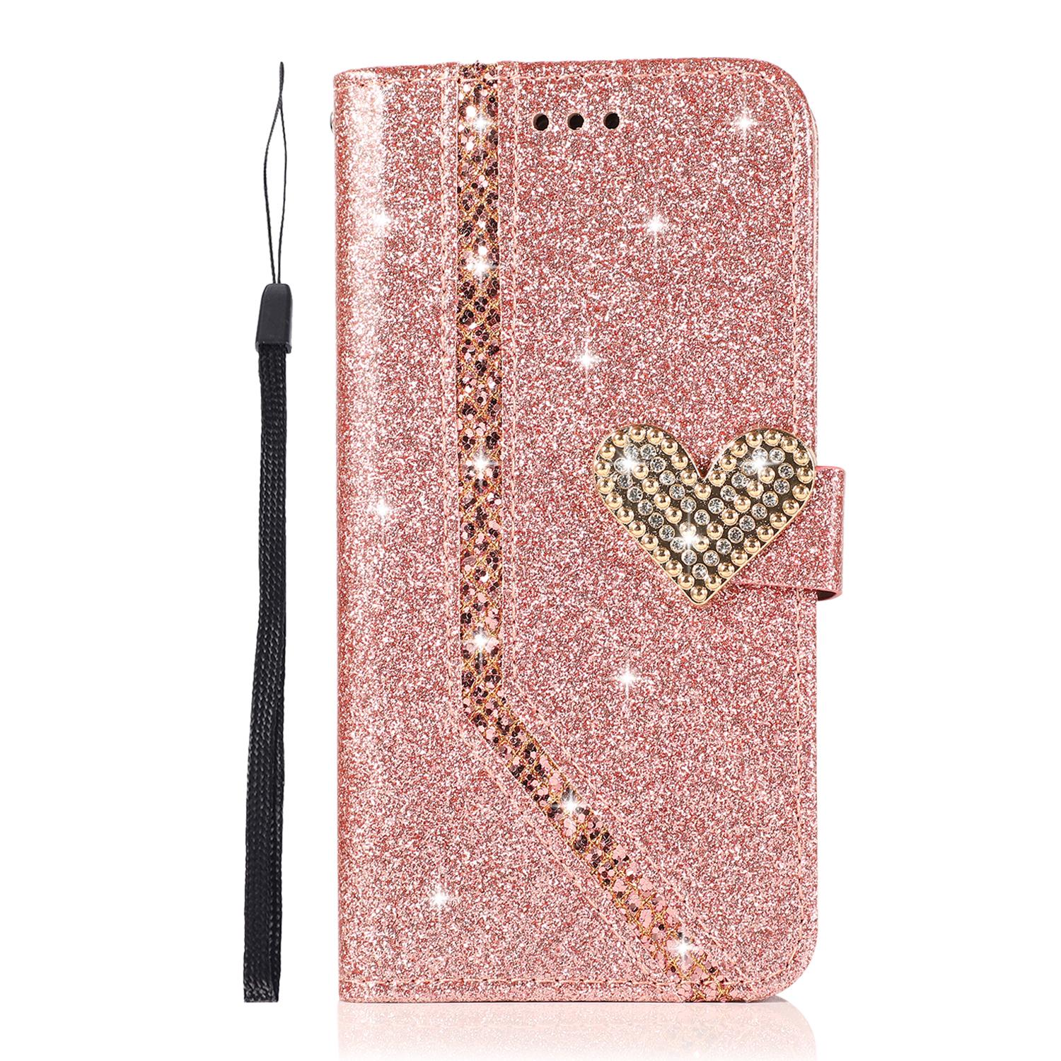 Bling Glitzer Klapp Leder Handyhülle Für iPhone 15 14 13 12 11 Pro Max XR XS X SE 2020 7 8 Plus Portemonnaie Handyhülle Ständer Capa For iPhone 13Mini&Case & Strap rose gold