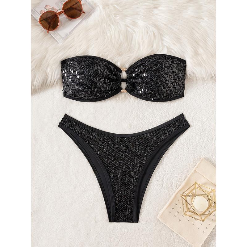 Pailletten Glänzend Bling Bandeau Bikini Damen Badeanzug Damen Bademode Zweiteiliges Bikini-Set Brasilianischer Badegast Badeanzug Schwimmen L schwarz