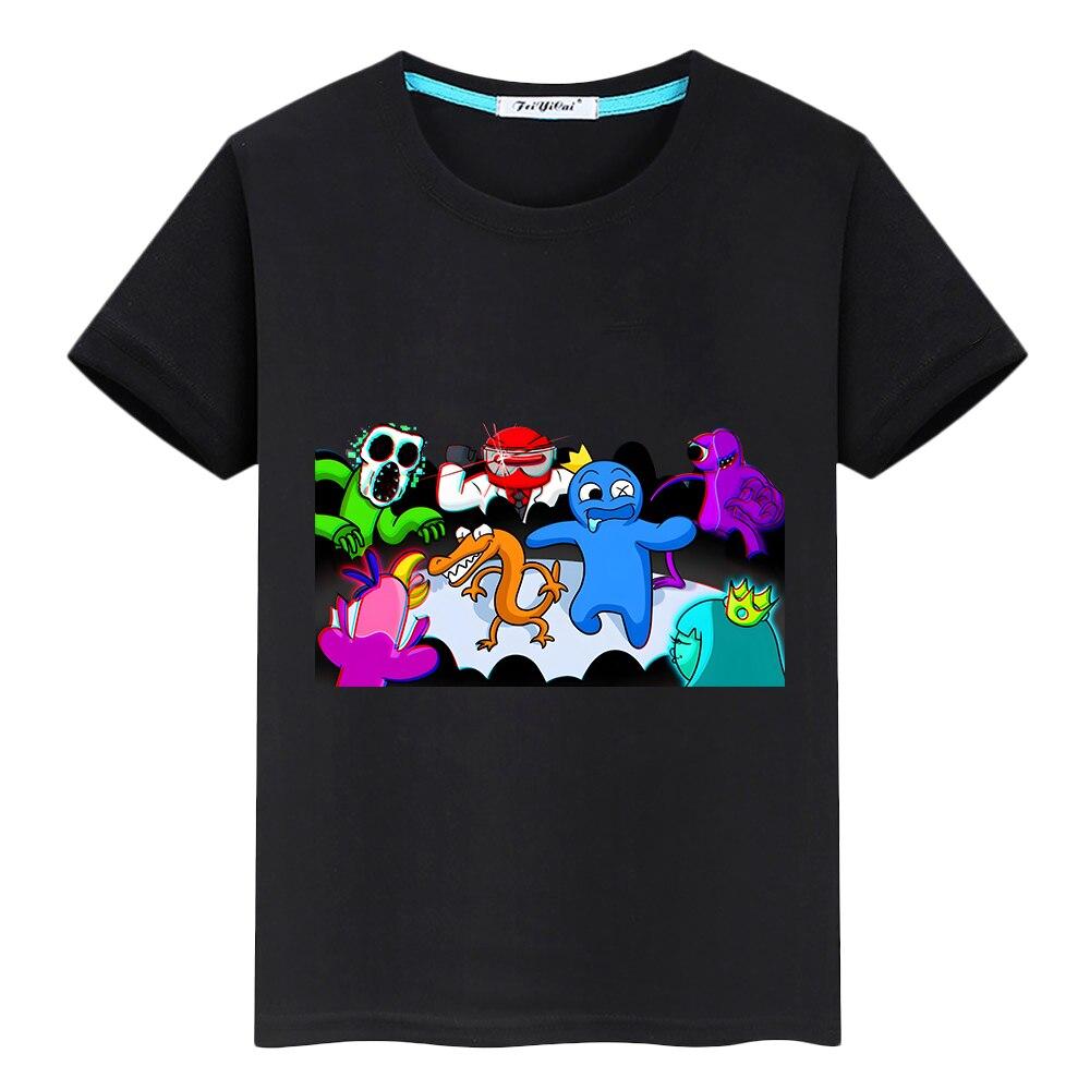 Rainbow Friends Süßes T-Shirt für Kinder, Jungen, 10 Jahre, Baumwolle, kurze Tops, Anime-T-Shirts, Jungen- und Mädchenkleidung, Sommer, lässige Kinderkleidung, Geschenk 130 schwarz