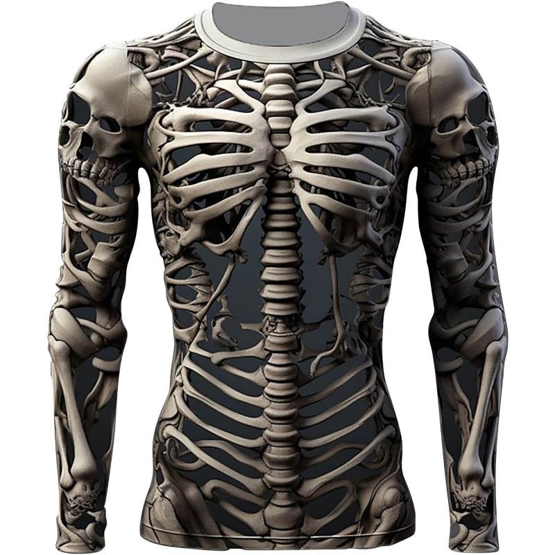 3D-Druck Skelett Shirts Herren Halloween Kostüme Shirts Lustige Langarm Grafik T-Shirts Streetwear Casual Tee Tops M gray