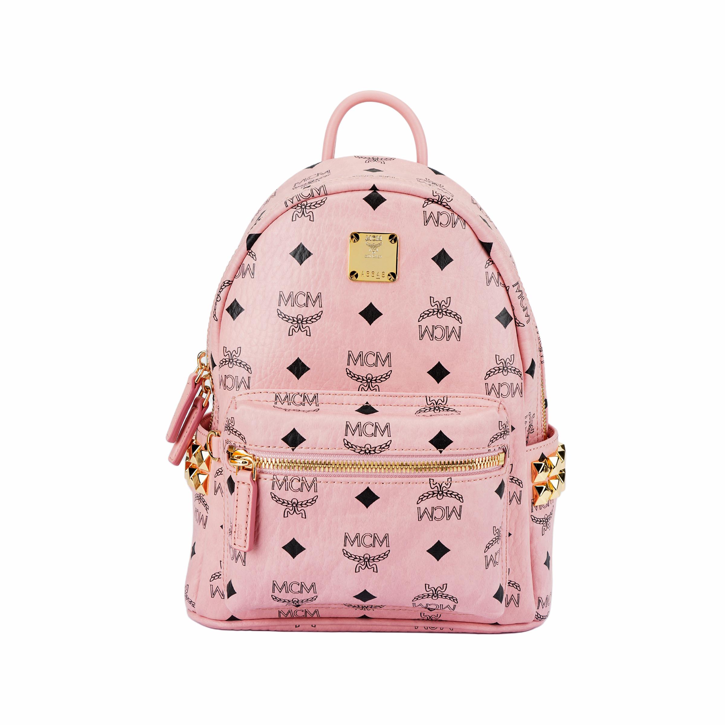 MCM Stark Klassisches Monogramm-Print Beidseitig Nieten Beschichtetes Canvas Und Leder Mini-Rucksack Damenrucksack Rosa MMKEAVE16PZ001 Basic Set (Bag+Dust Bag)
