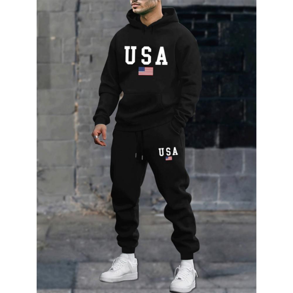 Herren Kapuzenpullover und Jogginghosen Set mit amerikanischem Flaggenaufdruck 3XL schwarz