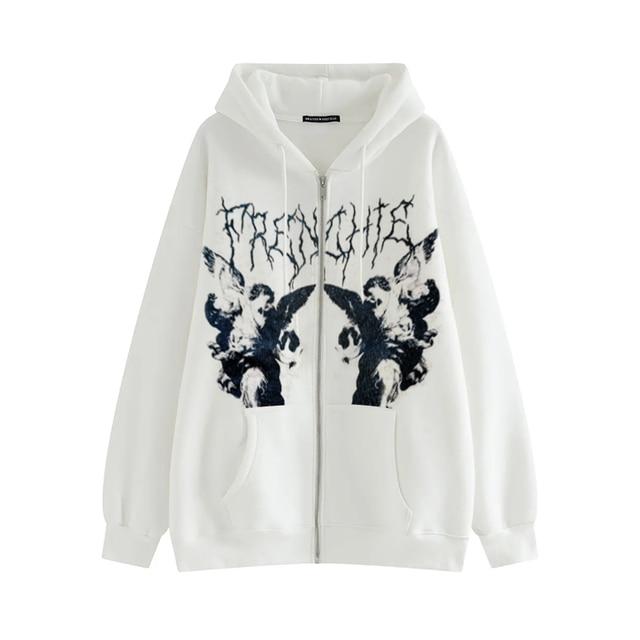 Hip Hop Streetwear Frauen Hoodies Goth Angel Dark Print Zipper Jacke Mantel Harajuku Y2K Mit Kapuze Top Kleidung Männer Frauen Punk outwear M weiß