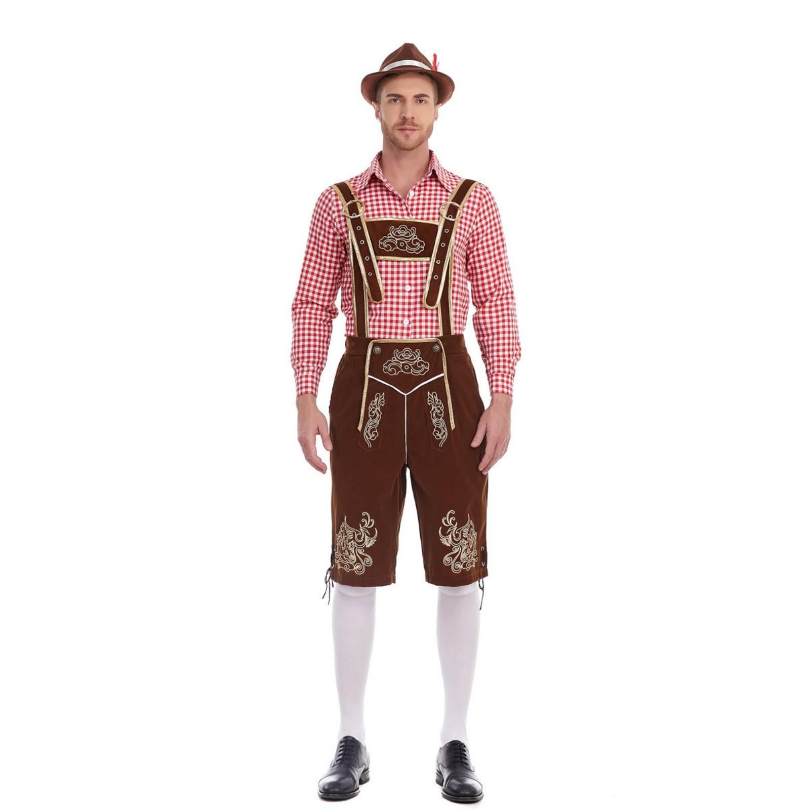 Herren Bayerische Oktoberfest Tracht - Kariertes Hemd & Hosenträgerhose Set L braun
