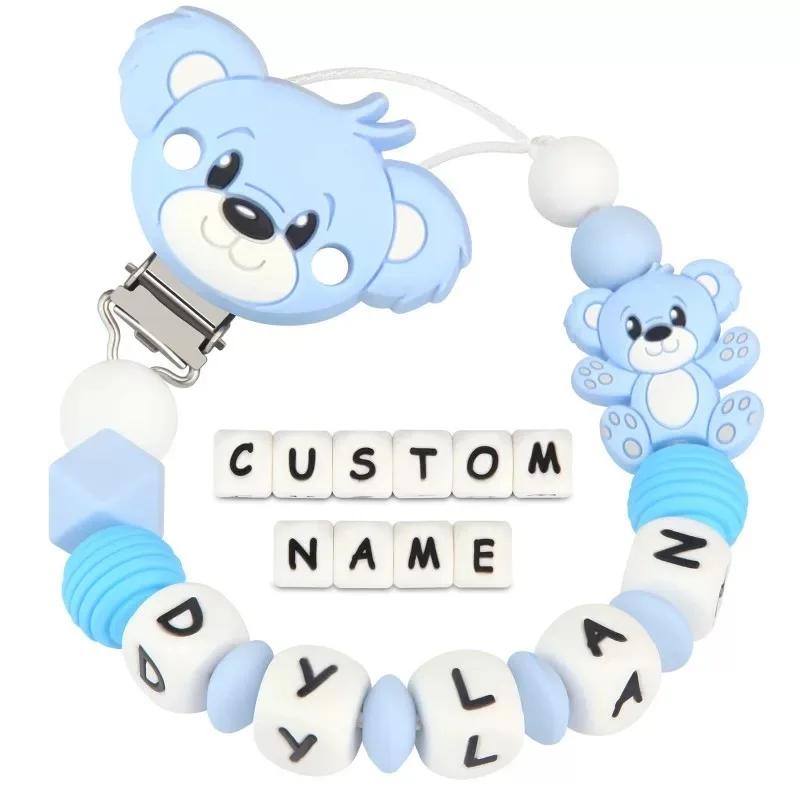 Baby Personalisierte Silikon Name Cartoon Bär Neugeborenen Zubehör Schnullerkette Beißspielzeug Kauen Geschenk Schnullerhalter Kette