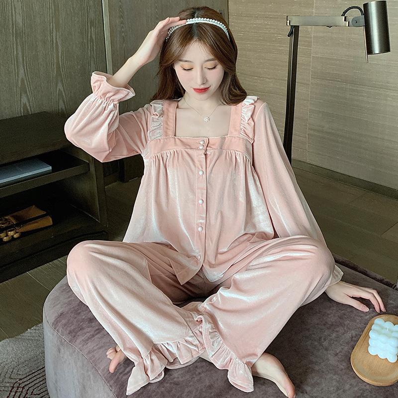 Neuer Herbst- und Winterpyjama Schlafanzug Samt Warmer Damen-Pyjama-Satz Langarm-Pyjama Damen-Pyjama M