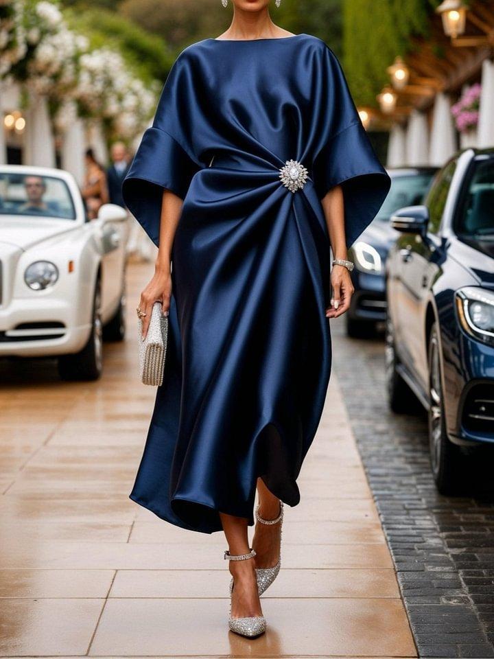 Damen Satin Slipkleid mit Rüschenärmeln, Seitenschlitz und silberner Broschendetails, Elegantes Abendkleid M dunkelblaue