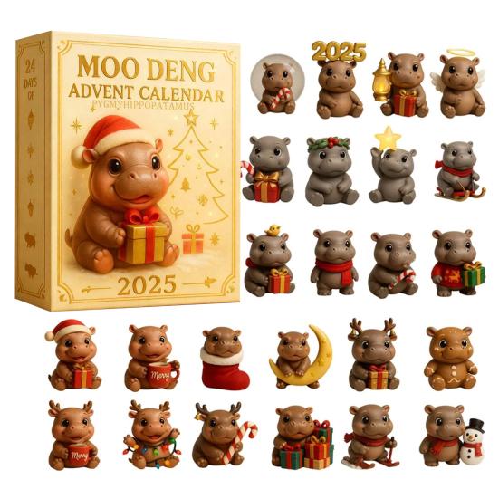 Moo Deng Adventskalender 2025 24 Tage Weihnachts-Countdown mit Acryl-Nilpferd-Ornamenten Überraschungsgeschenke für Kinder und Erwachsene Hippo