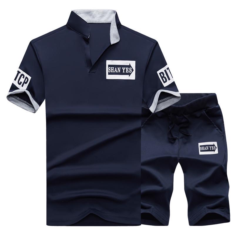 Sportanzüge Set Menfitness Anzüge Sommer Short Set Herren Stehkragen Mode T-Shirt Shorts Trainingsanzug XXXXL