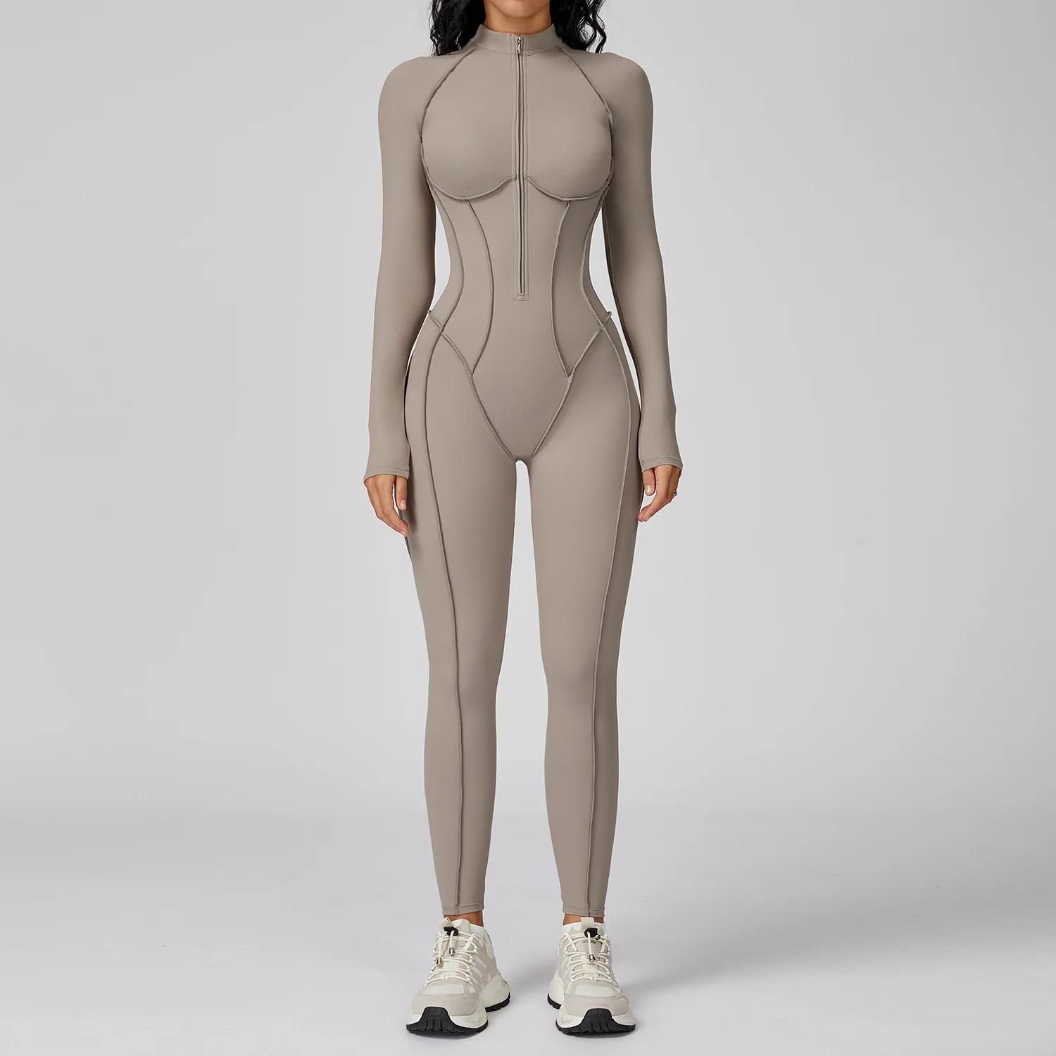 Yoga Body Langarm Damen Trainingsanzüge Fitnessstudio Reißverschluss Jumpsuits Sport Workout Hochintensives Fitness Einteiler Tights Anzug XL helle khaki