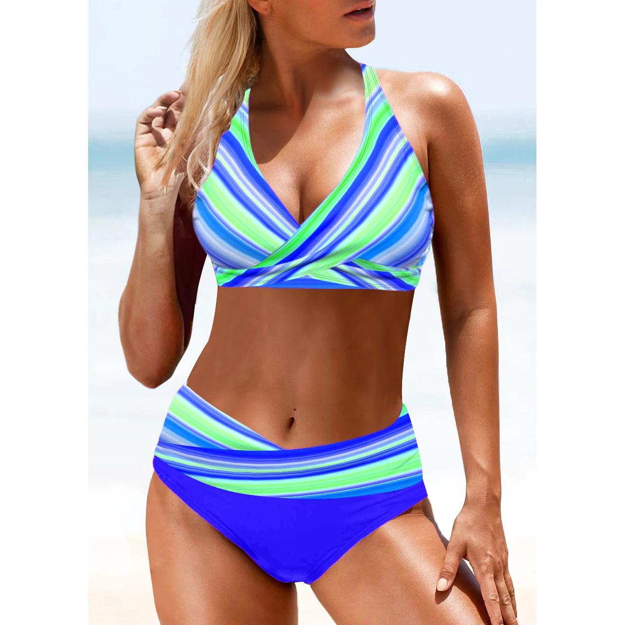 2024 Neuer Bikini Sexy Strandbademode Damen Sommermode Design Bedruckte Bademode Bikini Set Damen Zweiteilige Bademode L blau