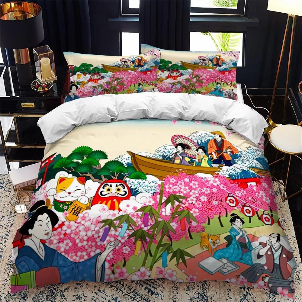 Bettbezug-Set im japanischen Stil, King-Size-Bett, Queen-Size-Bett, Ukiyo-e-Motiv, Wellenmuster, Polyester-Bettwäsche-Set, Fuji-Berg, exotischer Stil EU single(135x200cm)