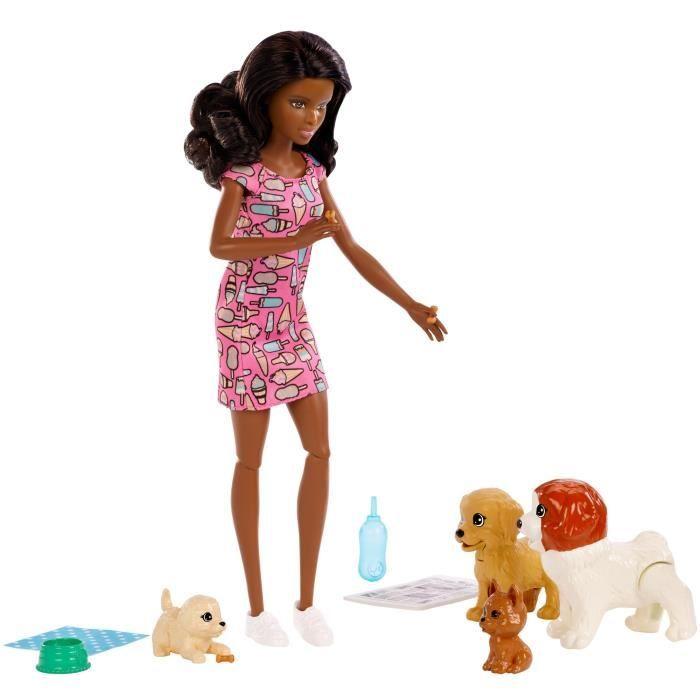 BARBIE Barbie brünett und ihre 4 Hunde - 2 Hunde mit Funktion und Zubehör rosa