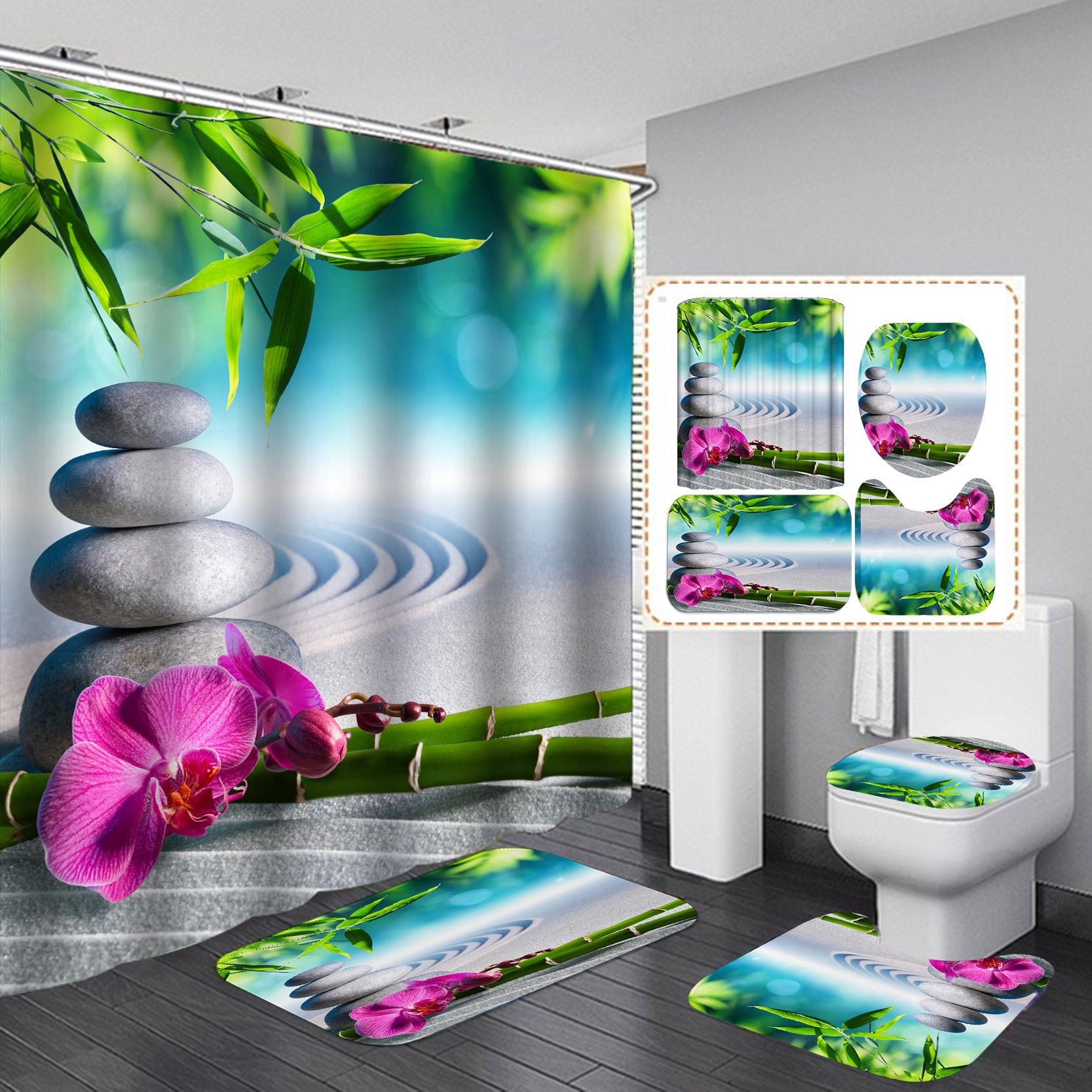 Hochauflösendes Duschvorhangset aus Polyester: Wasserdichtes, stanzfreies Mangostan-Design für Badezimmertrennwände 4-piece set (180x180 cm + 3-piece set) - 710g