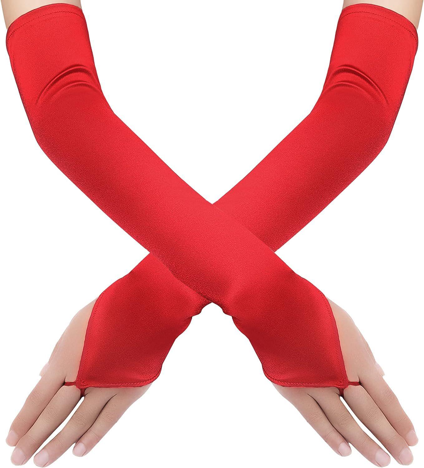 48cm Damen Satin Haken Finger Lange Fingerlose Handschuhe Brautkleid Performance Party Retro Oper Etikette Zubehör One Size red