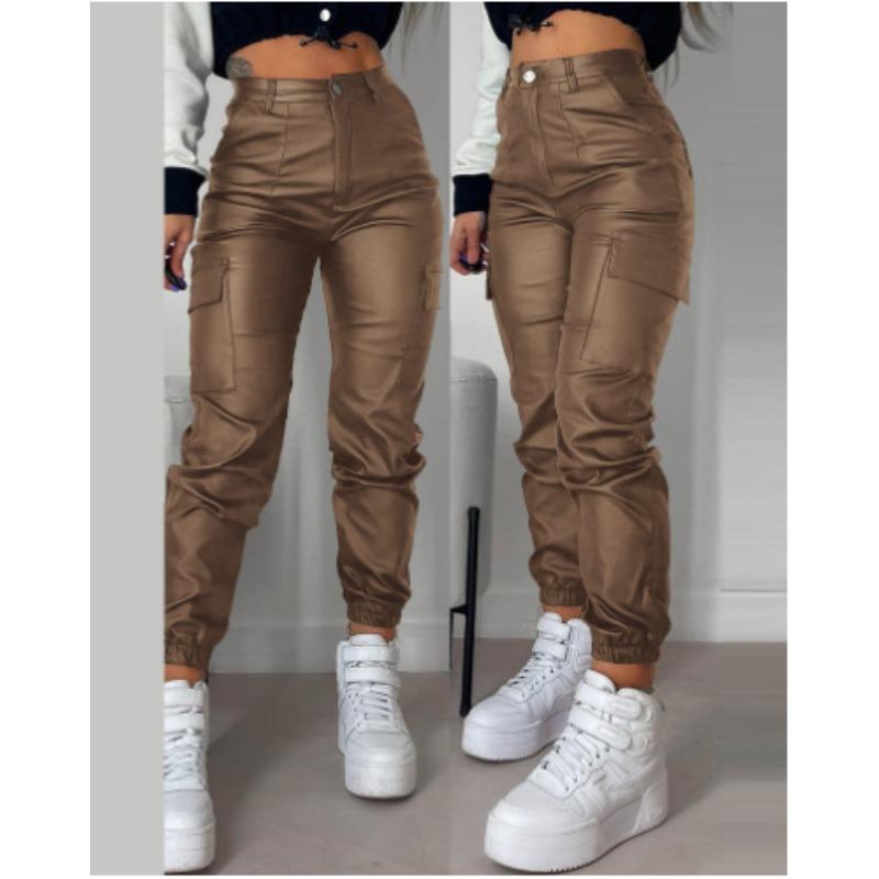 Herbst und Sommer Damen Hose Biker Reißverschluss Faltentaschen Mode PU Casual Patch Taschen Enge Hose mit kleinem Bein L braun