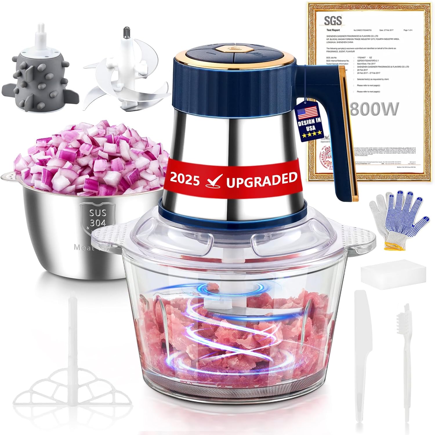 Elektrischer 5-in-1 Küchenroboter, 800W Leistungsstarker Deutscher Motor, 6 Titanstahlklingen, 6S Fleischwolf zum Kochen Gemüse Obst Nuss Babynahrung
