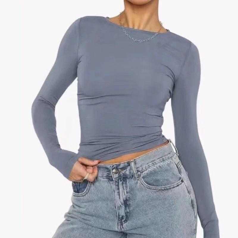 Frühling Herbst Langarm T-Shirt Frauen Fashion Solid Slim Fit Casual T-shirt Frau Streetwear O Neck Basis Tees Tops 30423 L marmor