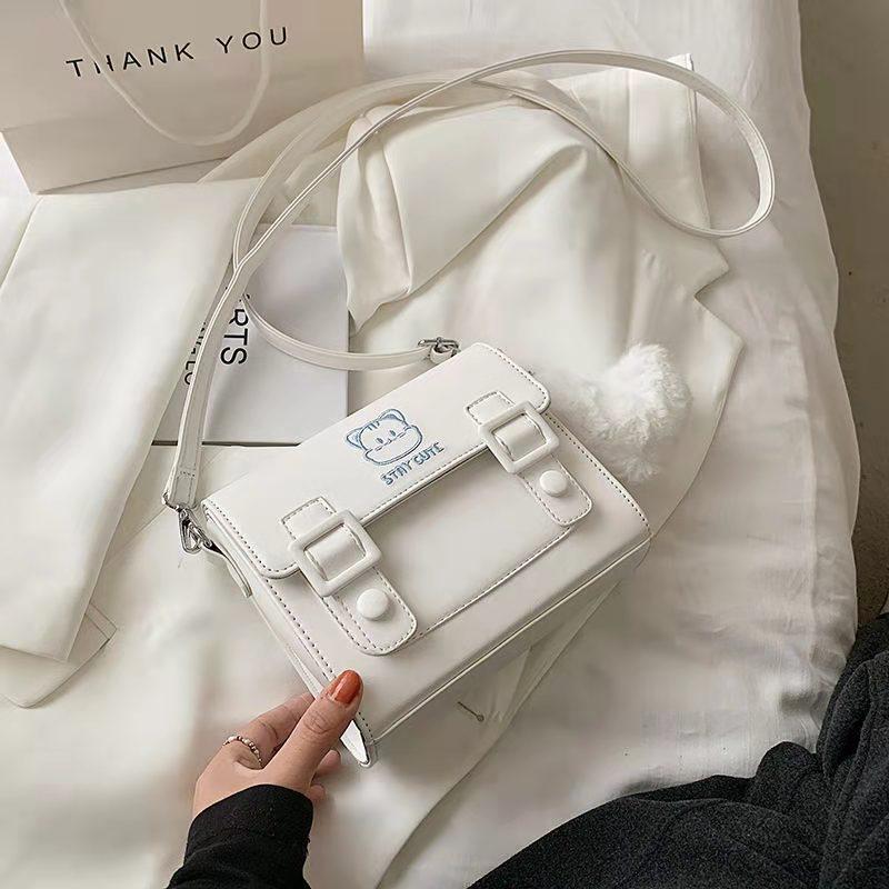 Damen-Umhängetasche, neue Umhängetasche, Kätzchen, niedliche kleine quadratische Tasche, Schulter-Crossbody-Tasche, beliebte Hit-Farben-Tasche, koreanische Version für Reisen, Einkaufen weiß