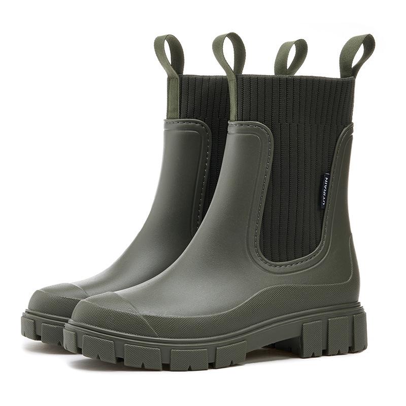 Regenstiefel Damen Vier Jahreszeiten Mode Outdoor Mid-Tube wasserdichte rutschfeste Gummischuhe Mode Regenstiefel 39 grün