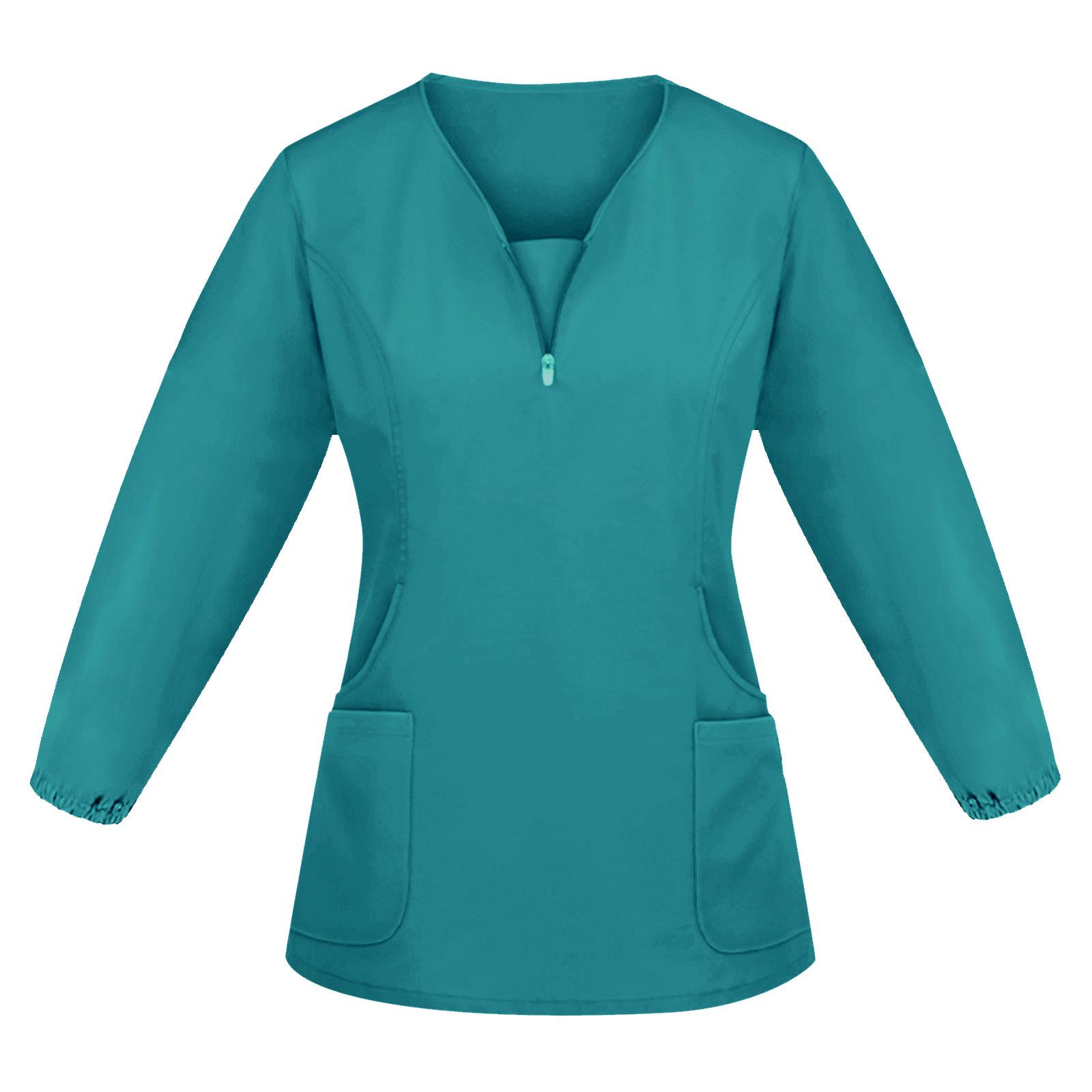 Hochwertige Unisex-Krankenhaus-Arbeitskleidung mit langen Ärmeln, Stretch-Peeling-Top, Krankenschwesteruniform mit V-Ausschnitt und Tasche XL dunkelgrüne