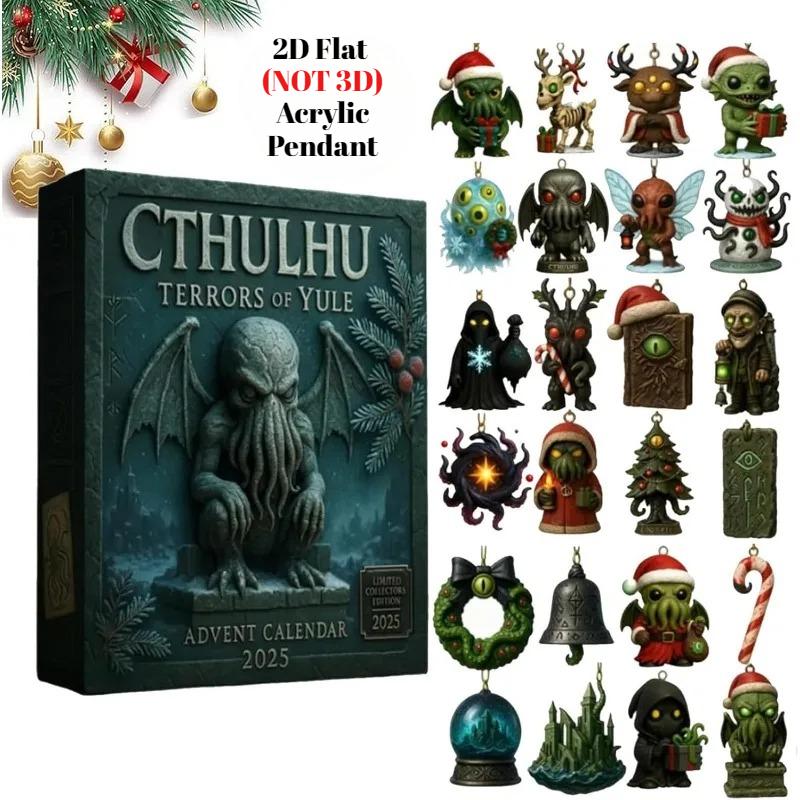 Cthulhu:Schrecken von Yule Adventskalender 2025, 2D Flaches Acryl 24 Hängende Cthulhu Monster Ornament, Gotischer Adventskalender für Monster-Fans bunt