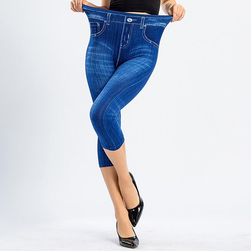Damen-Leggings mit Denim-Aufdruck, modische schlanke Leggings, Faux-Jeans-Leggings, Stretch-bedruckte kurze Leggins-Hosen XXXL blau