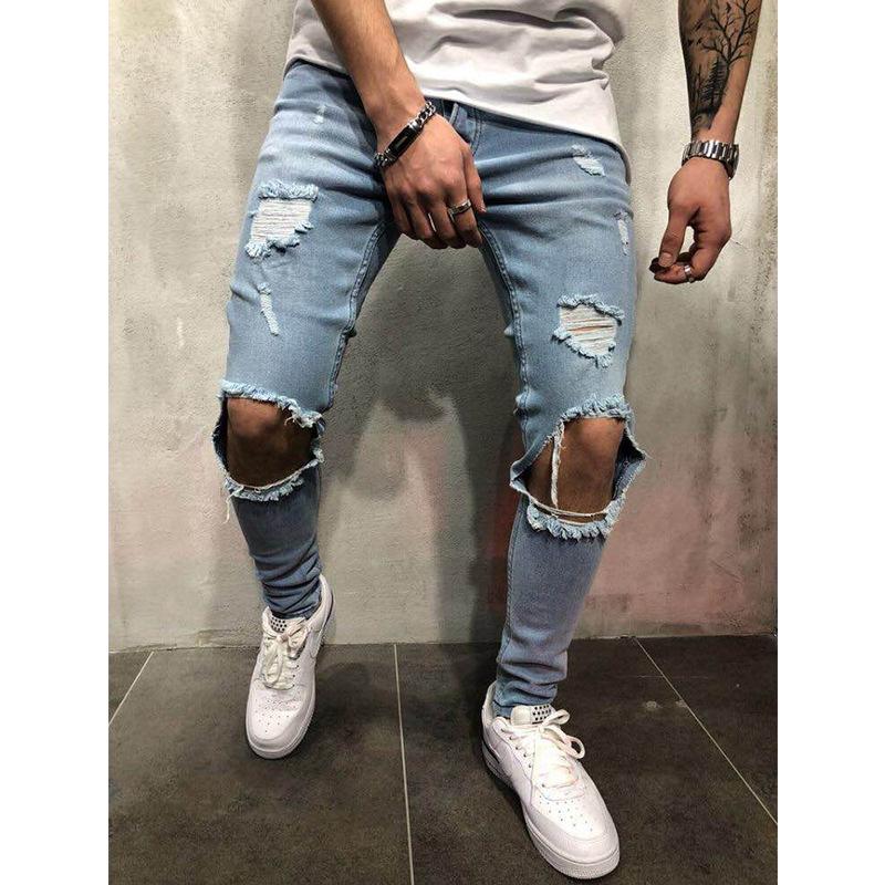 Neue europäische und amerikanische Jeans mit Löchern, Slim Fit Herrenhosen, europäische und amerikanische Herrenhosen mit kleinem Bein XXXL hellblaue