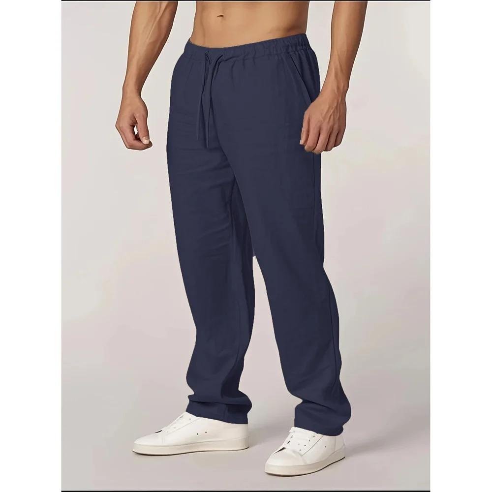 Herbst Neue Herren Baumwolle Leinen Hose Gerades Bein Leicht Atmungsaktiv Lässig Basic Stil Elastischer Bund Lange Hose XXXL dunkelblaue