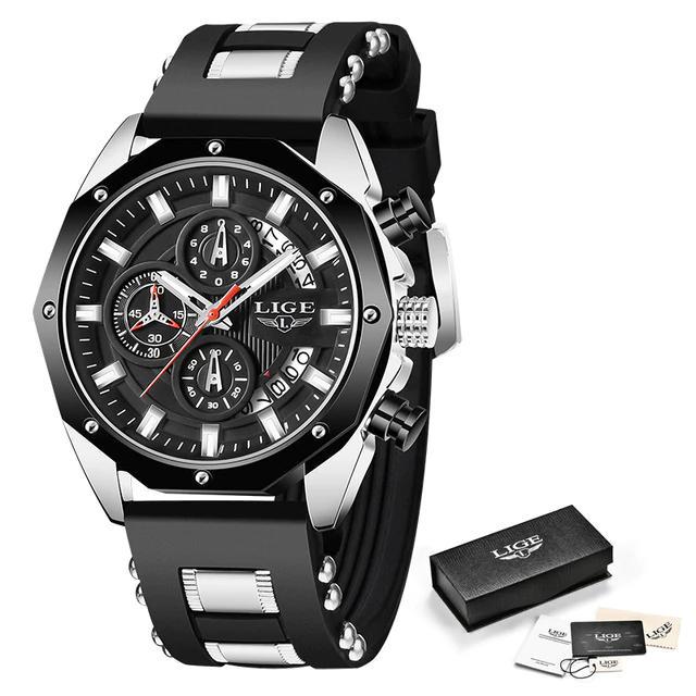 LIGE Neue Uhr Männer Luxus Marke Große Zifferblatt Uhren Männer Wasserdicht Quarz Armbanduhr Sport Chronograph Uhr schwarz/silber