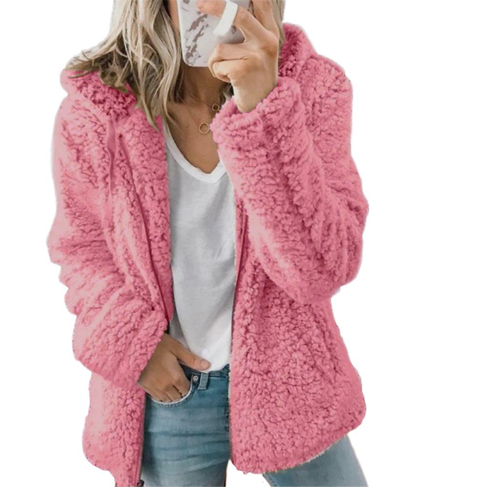 Damen Flauschige Sherpa Jacke Übergroß Warmer Kapuzen Fleece Mantel mit Taschen Plüsch Oberteil 2026 Mode Lässig Warme Jacken Reißverschluss Strickjacke Mantel 5XL rosa