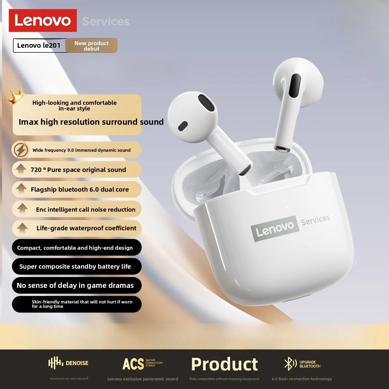 Originale Lenovo LE201 Drahtlose Kopfhörer Bluetooth 6.0 Ohrhörer ENC Anrufgeräuschunterdrückung Ultralange Latenz Surround-Sound Kopfhörer weiß