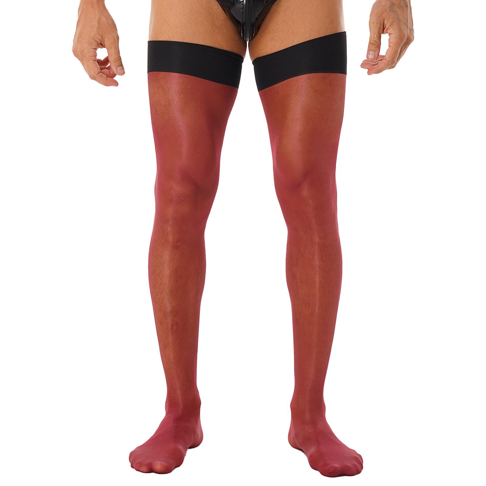 Herren glänzende dehnbare Strümpfe, hohe transparente Socken, Sissy-Strumpfwaren, Socken, Unterwäsche, Overknee-Strümpfe, Kostümzubehör One Size bordeaux