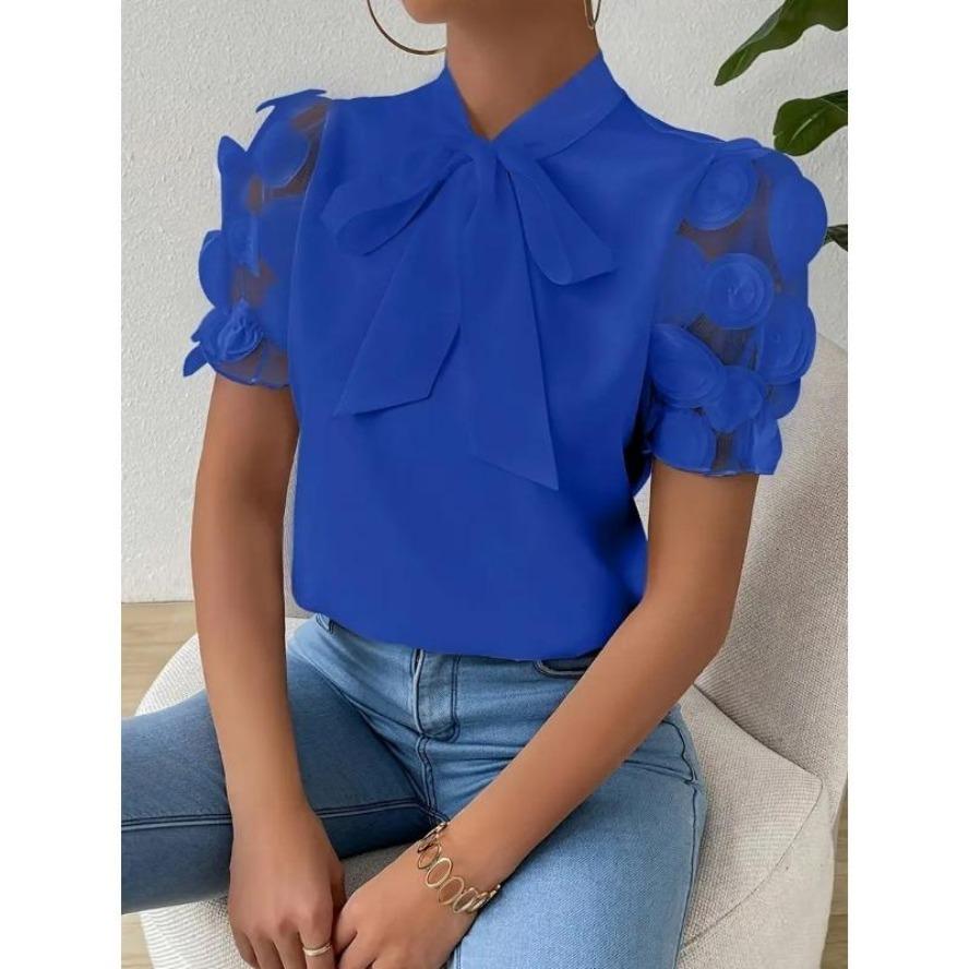 YYFS Damenmode, lässig, Sommer, Frühling, einfarbig, bedruckt, kurzärmelig, O-Ausschnitt, Blusen und Hemden L blau