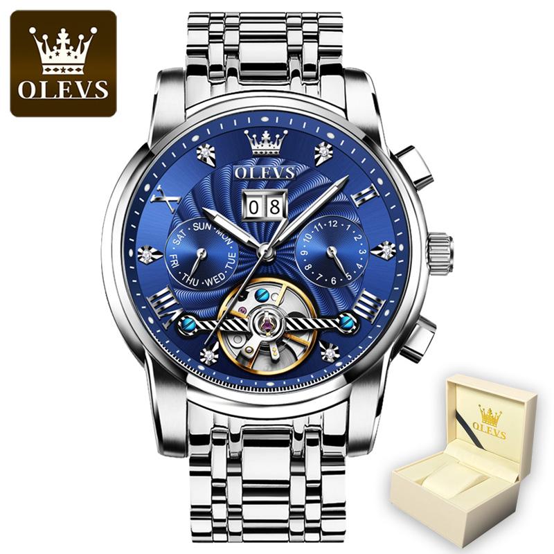 OLEVS 9910 mit Geschenkbox, automatisches mechanisches Messgerät, Business-Multifunktions-Herrenuhr, Herrenuhr