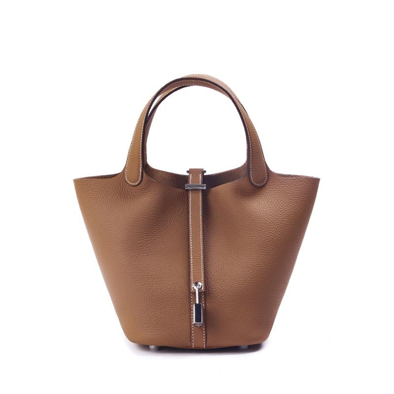 Echtes Leder Damen Handtaschen Designer Kleine Tragetasche Ohne Logo Erste Schicht Rindsleder Schulter Einkaufstasche Mit Silberfarbenem Vorhängeschloss S 22x17x22cm braun