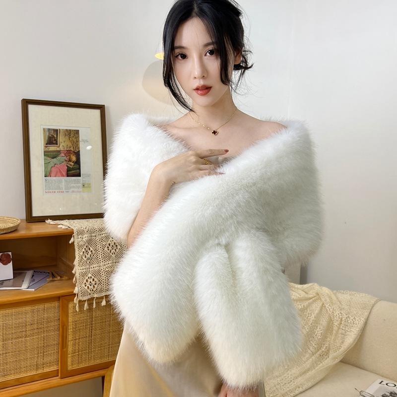 Kunstpelz Fuchshaar Cheongsam Schal Haarkragen Cape Bühnenabendessen Hochzeitskleid Schal Mode Damen Schal one size weiß