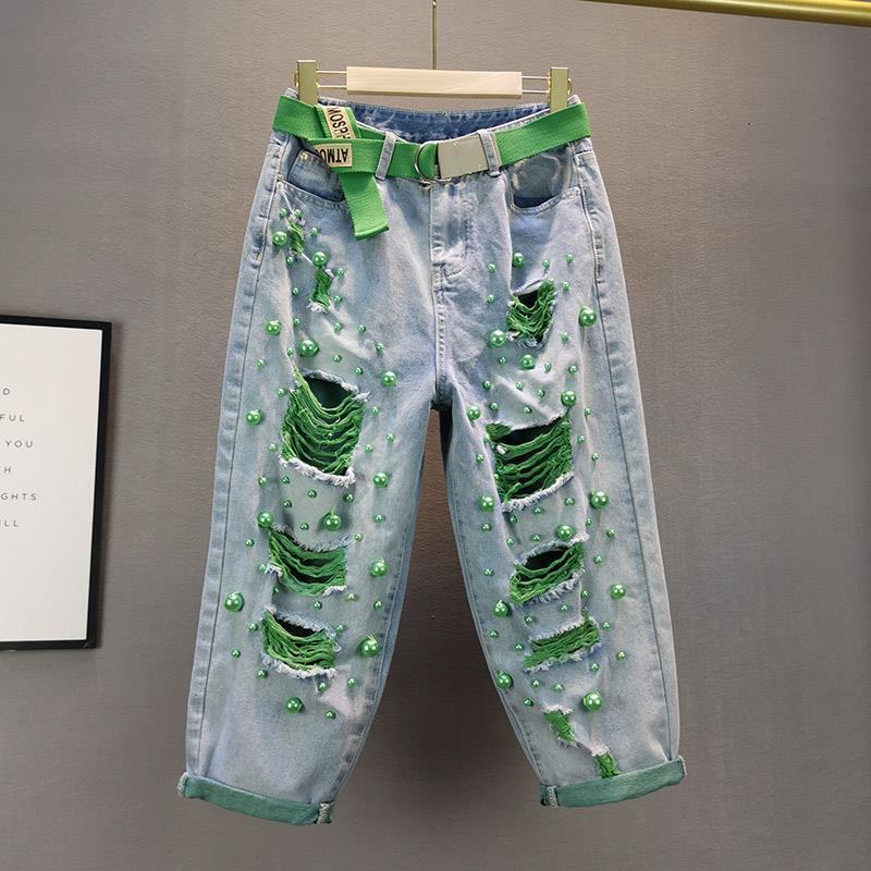 Bunte Löcher Jeans Damenmode Perlen Hohe Taille Lose Jeanshose Lässige dünne übergroße Cropped-Hose Sommer-Harlan-Hose XXXL grün
