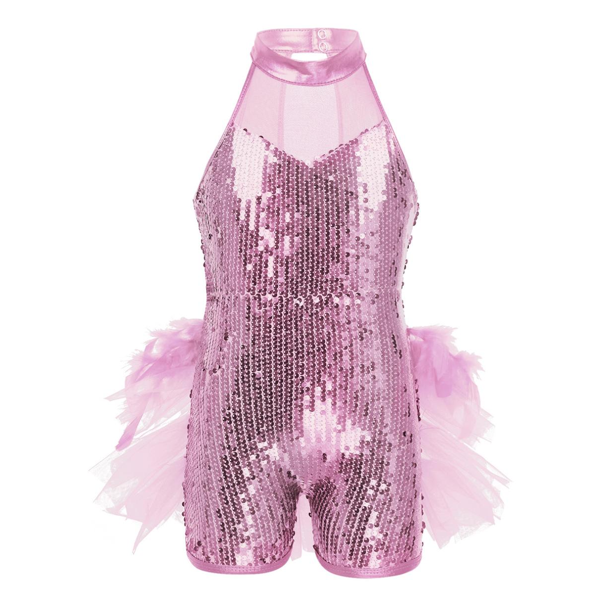 Mädchen Pailletten Jazz Latin Ballett Tanz Kostüm Trikot Overall Kinder Ärmellose Mock Neck Glänzende Tanz Kleid Kostüme 13-14 Years rosa