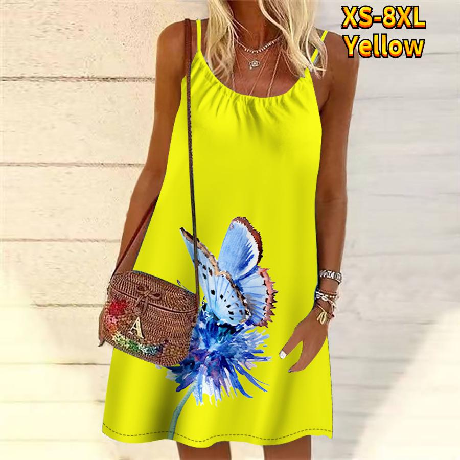 Frauen Blume Schmetterling Bestäubung Gedruckt Mini Kleid Ärmelloses Party Kleid Sommer Strand Kleid Sommerkleid 3XL gelb