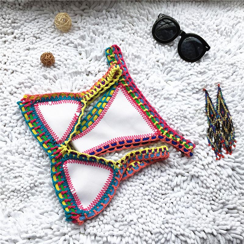Bikini Damen Handarbeit Häkelstrick Bademode Neckholder Patchwork Badeanzug Badeanzug Biquini Tanga Bikini S weiß