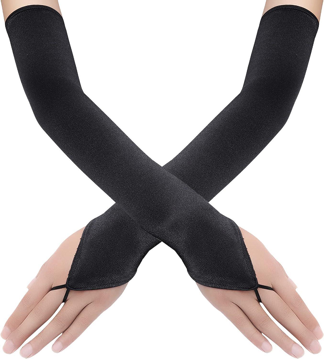 48cm Damen Satin Haken Finger Lange Fingerlose Handschuhe Brautkleid Performance Party Retro Oper Etikette Zubehör One Size black