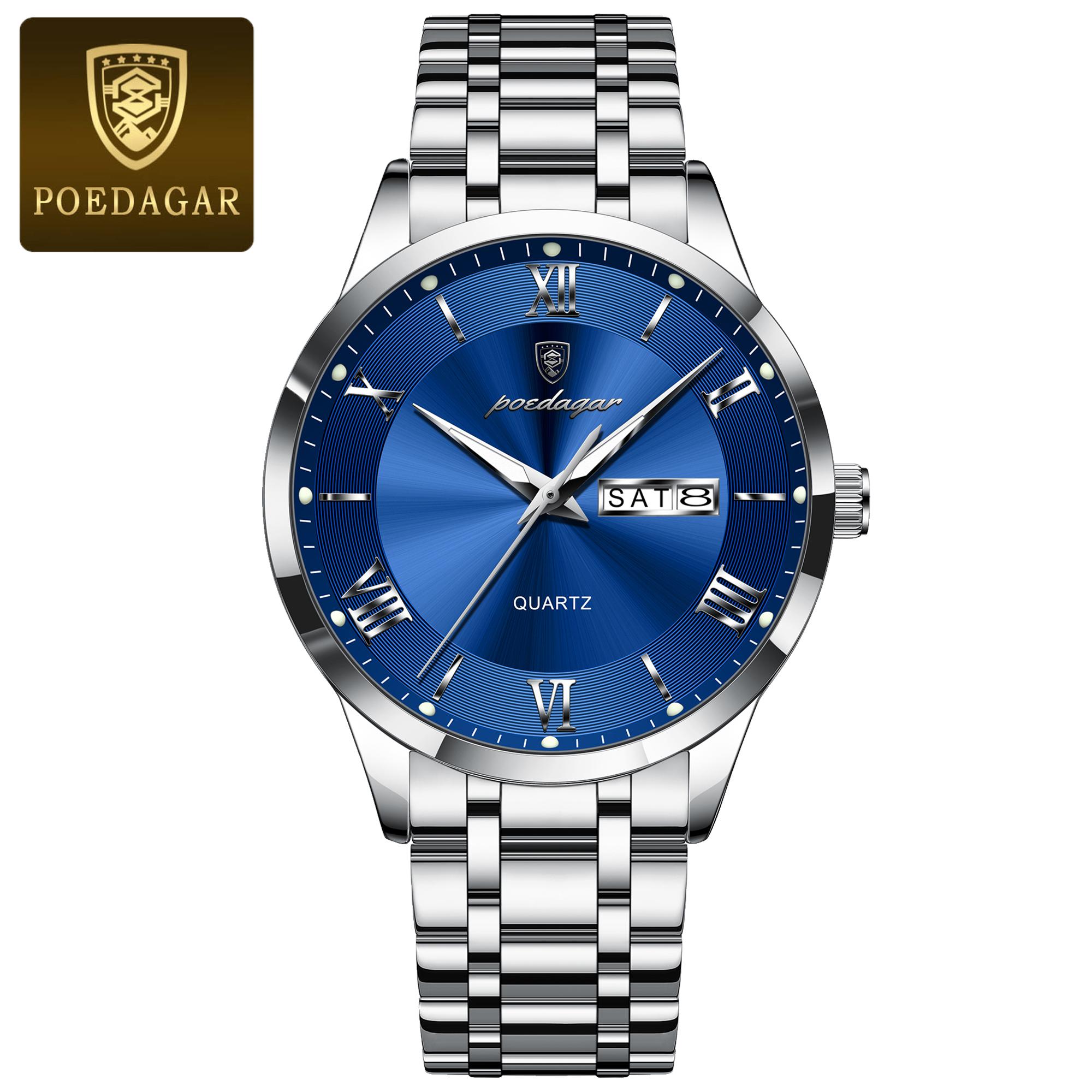 POEDAGAR Luxus Mode Herren Uhr Wasserdicht Leuchtend Wochentag Datum Sport Armbanduhr Edelstahl Quarz Uhren Reloj silber/blau