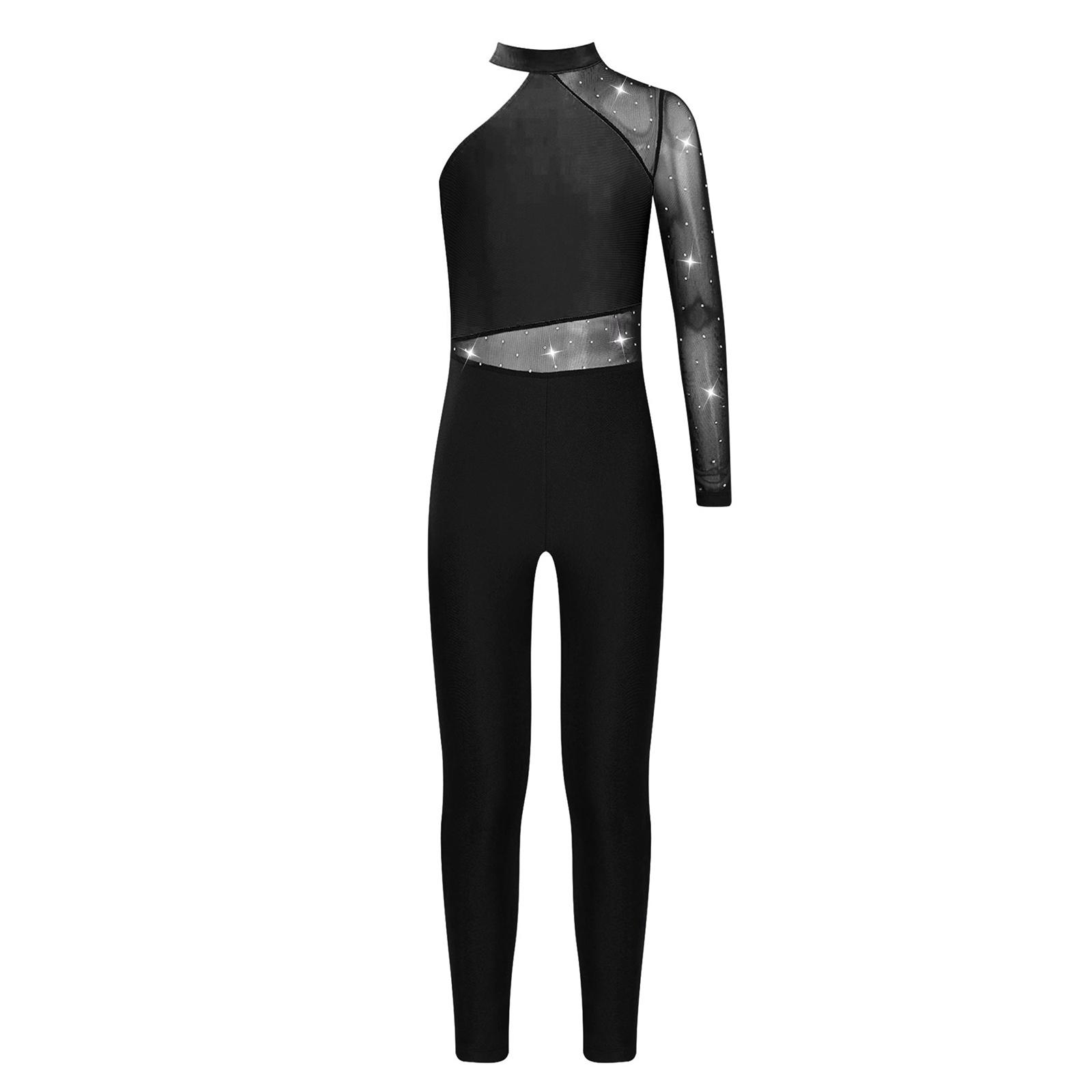 Mädchen Glitzernder Gymnastik-Jumpsuit Ein Schulter Ärmel aus transparentem Mesh Langarm Strass Body Skating-Bekleidung 13-14 Years schwarz