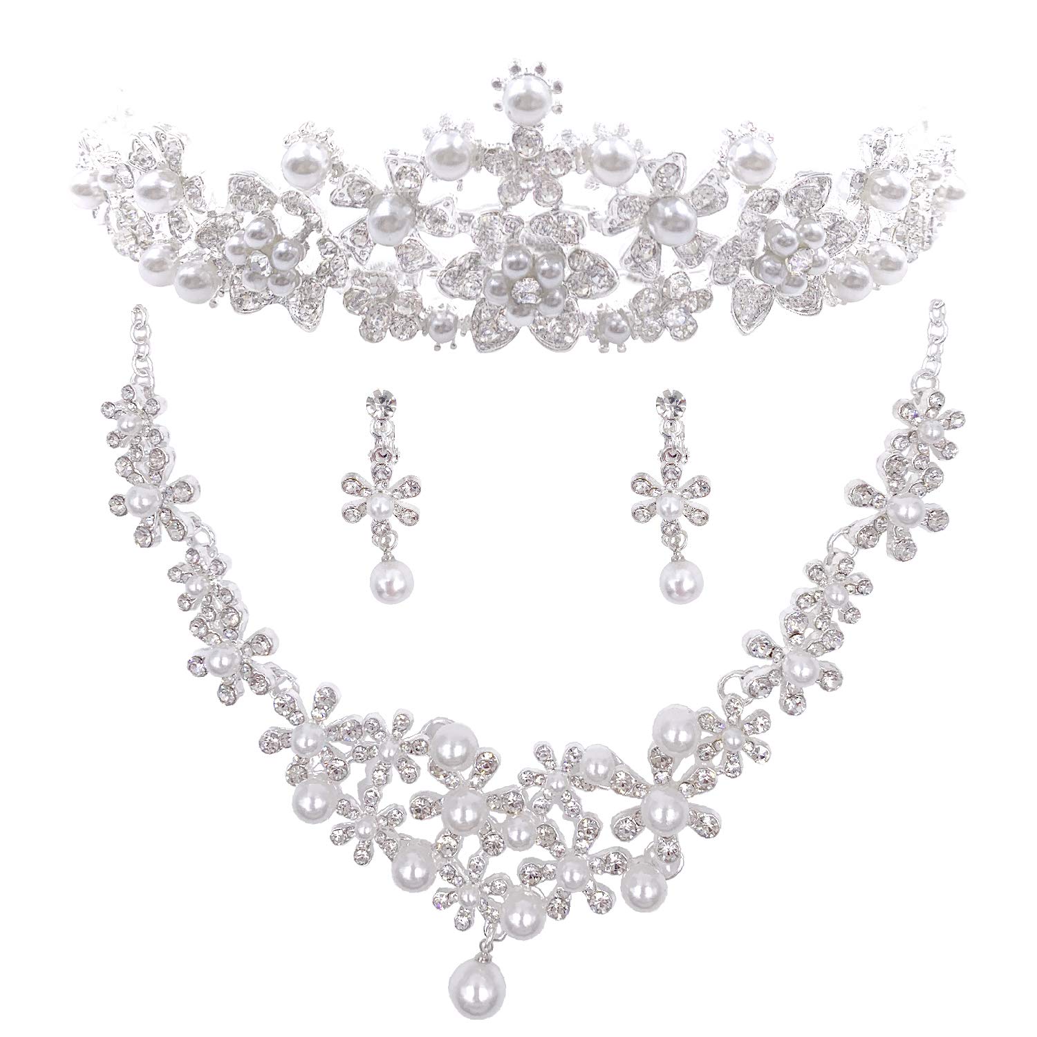BQuel Hochzeit Braut Haaraccessoires Haarschmuck Tiara Halskette Ohrringe Set Hochzeit Blumenkrone Krone Kunst Hochzeitsgeschenk Präsent Farbwechsel weiß