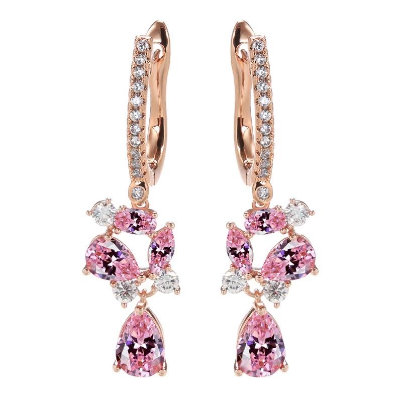 Neue Gold Farbe Lange Tropfen Ohrringe für Frauen Kristall Blume Rot Stein Zirkon Teardrop Ohrringe für Frauen Mode Schmuck rosa