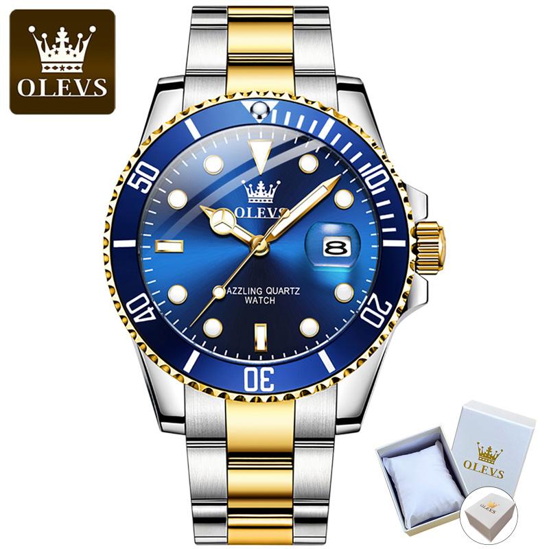 OLEVS 5885 mit Geschenkbox, luxuriöse grüne Wassergeist-Quarzuhr, wasserdichte Herrenuhr, Herrenuhr blau